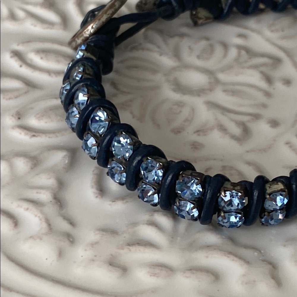 Fossil Sky Blue Crystals with Leather Wrapped Bracelet Button Closure - Picture 12 of 16